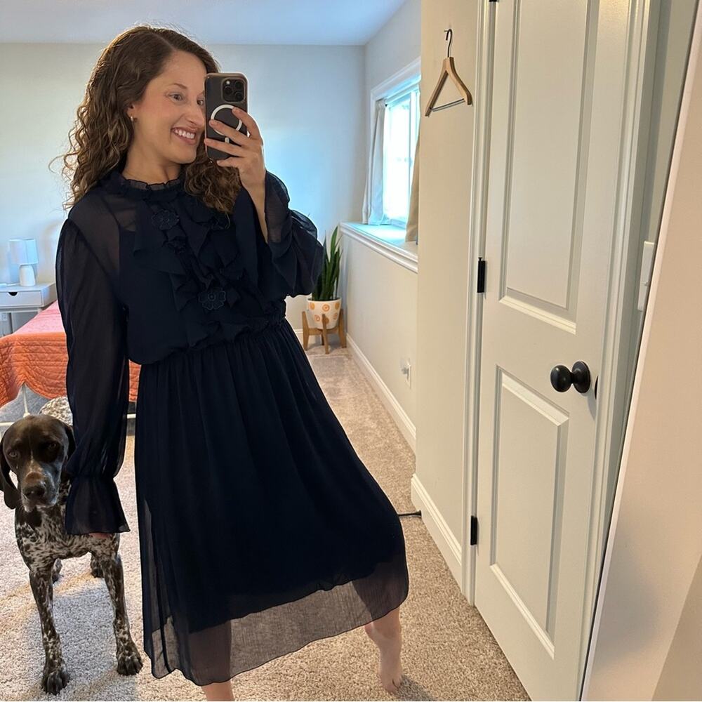 See By Chloe Navy Blue Long Sleeve Floral MIDI Dress Medium - Picture 6 of 16